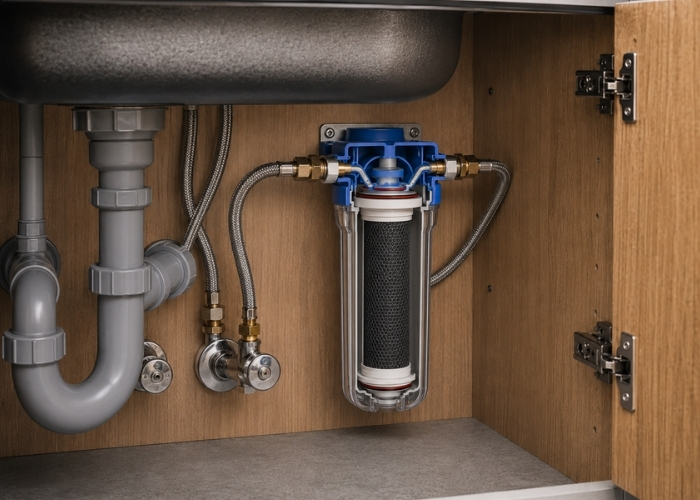 Drinkwaterinstallatie onder een spoelbak met filter en leidingen